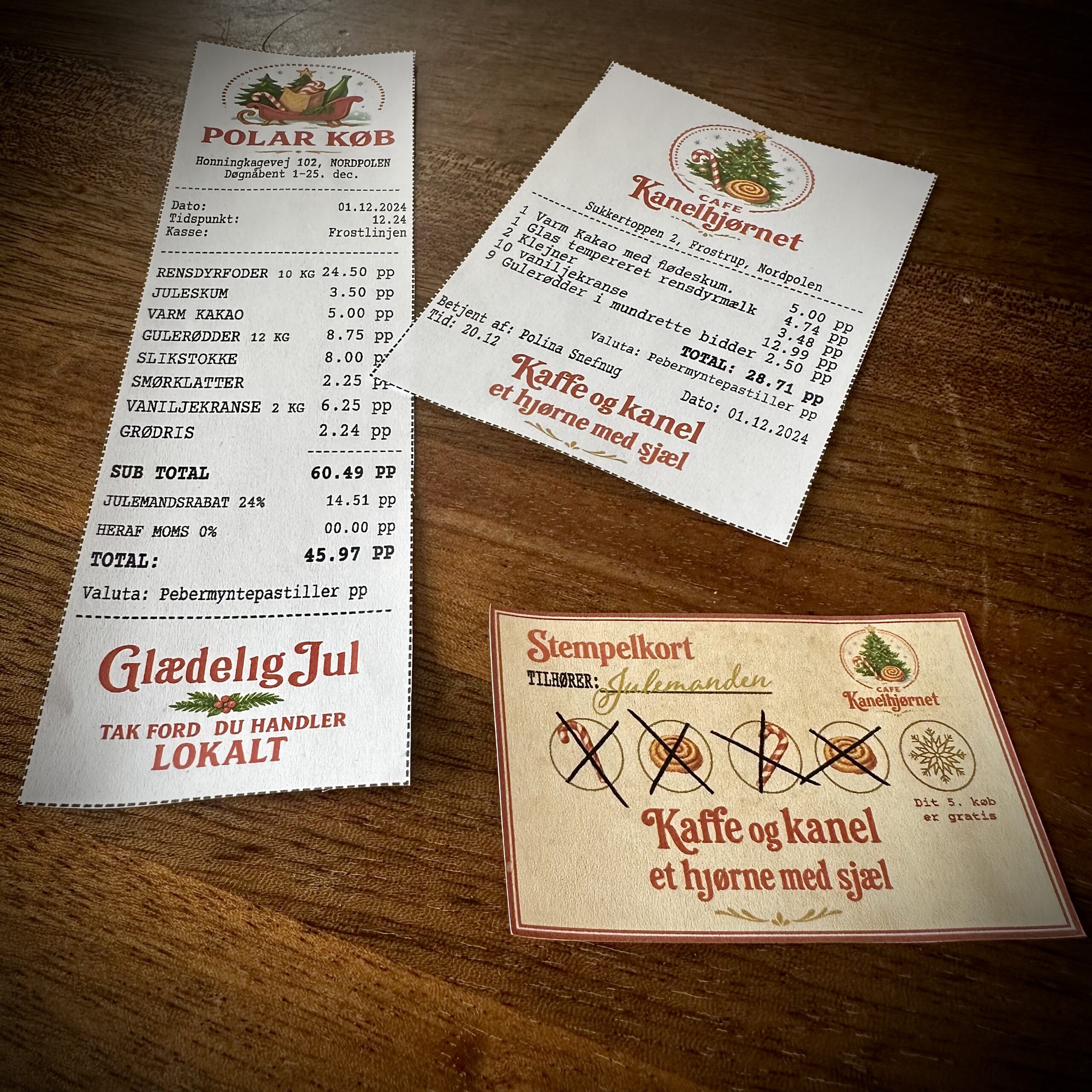 Print selv Julemandens Magiske Spor – kvitteringer og kakao-kort som bevis på julemandens eksistens og nissemagi.