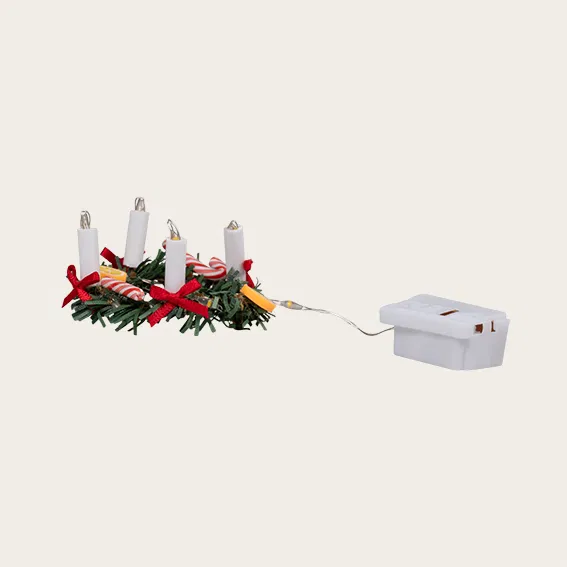 Detalje:Miniature adventskrans til nissedør – 3,5 cm LED-lys med batteri. Perfekt nissetilbehør og bevis på nissens eksistens.