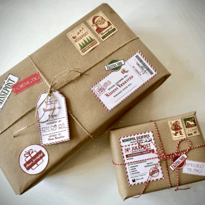 Print selv pakkemærkater fra Nordpolen med klistermærker til julegaver og nissedrilleri.