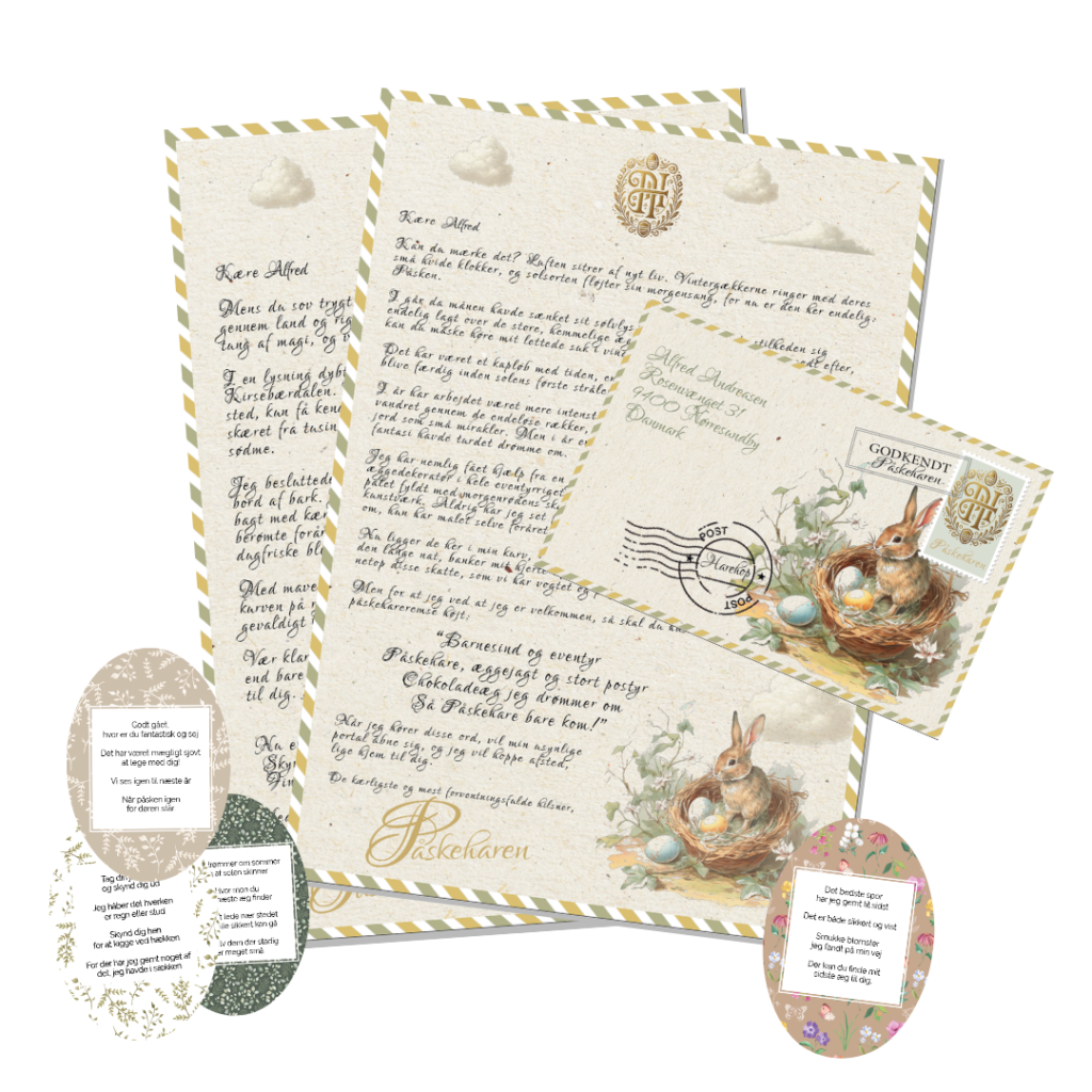 Digital print-selv løsning til påske med personlige breve fra påskeharen og poster til æggejagt i PDF-format.