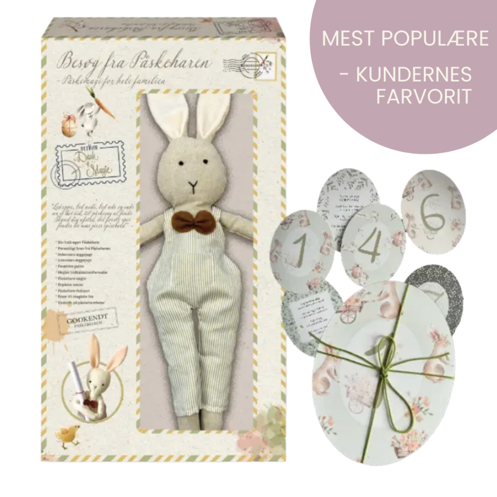 Den Magiske Påskeæske med indhold til æggejagt, herunder poster, forældreguide og magisk tilbehør.