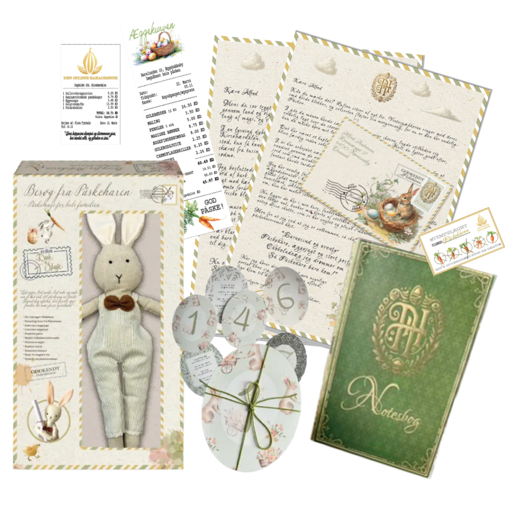 Megapakke med påskehare-bamse, personligt brev, harens tabte notesbog og trykte kvitteringer som bevis på påskeharens besøg.