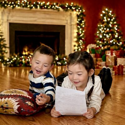 To børn læser adventsbrev fra Nissen foran juletræ og pejs som hyggelig adventstradition i december.